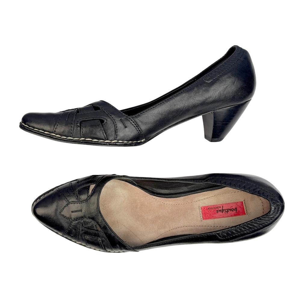 Y2K Boutique Nordstrom Black Leather Heels 7.5M Cutout‎ Pumps Cone Heel Retro